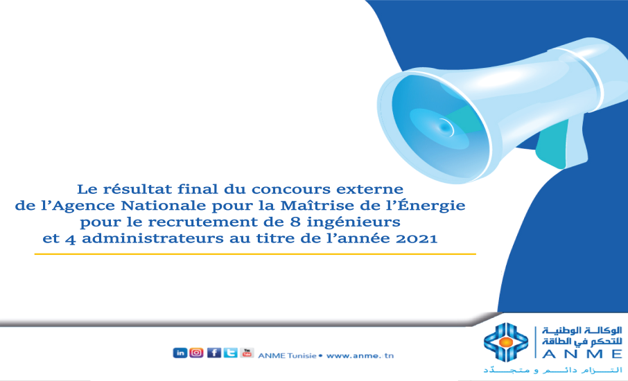 Le résultat final du concours externe de l’Agence Nationale pour la Maîtrise de l’Énergie pour le recrutement de 8 ingénieurs et 4 administrateurs au titre de l’année 2021